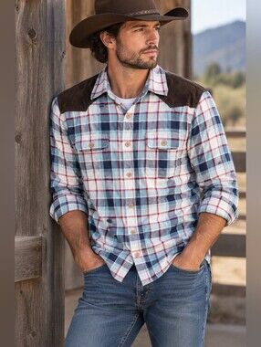 Contemporary Solid Men’s Plaid Western Shirt Medium Brown Yoke